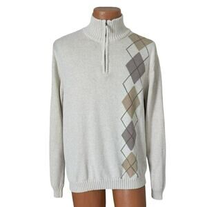 Quarter Zip Argyle Sweater Men Medium Knit Pullover Golf Preppy Classic Grandpa